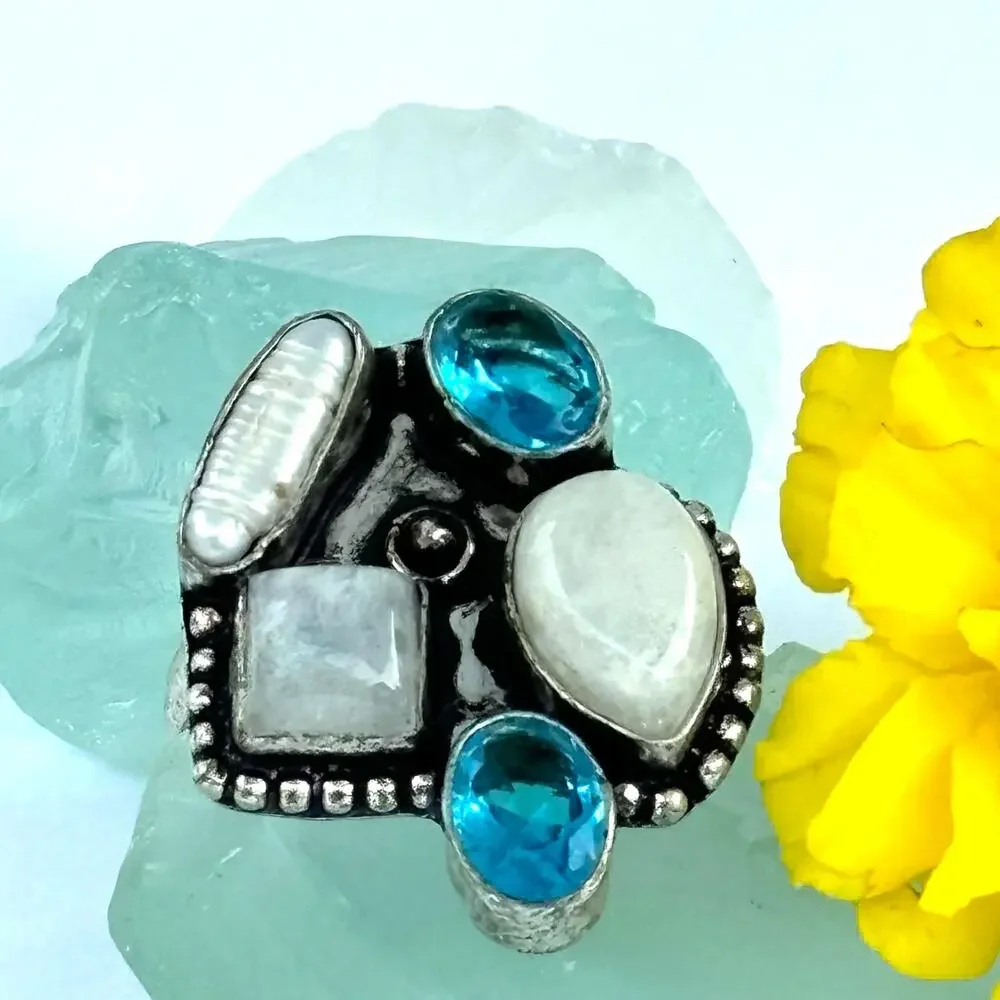 925 Sterling Rainbow Moonstone, Blue Topaz & Biwa Pearl Size 8.5